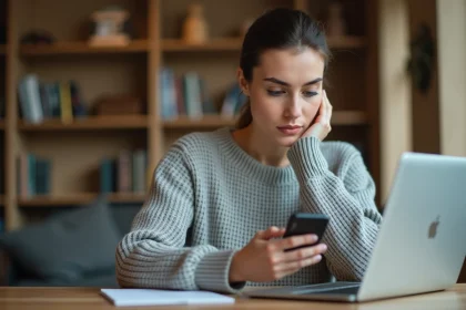 Jeune femme utilisant son smartphone pour consulter des stories Instagram de manière anonyme depuis son bureau à domicile