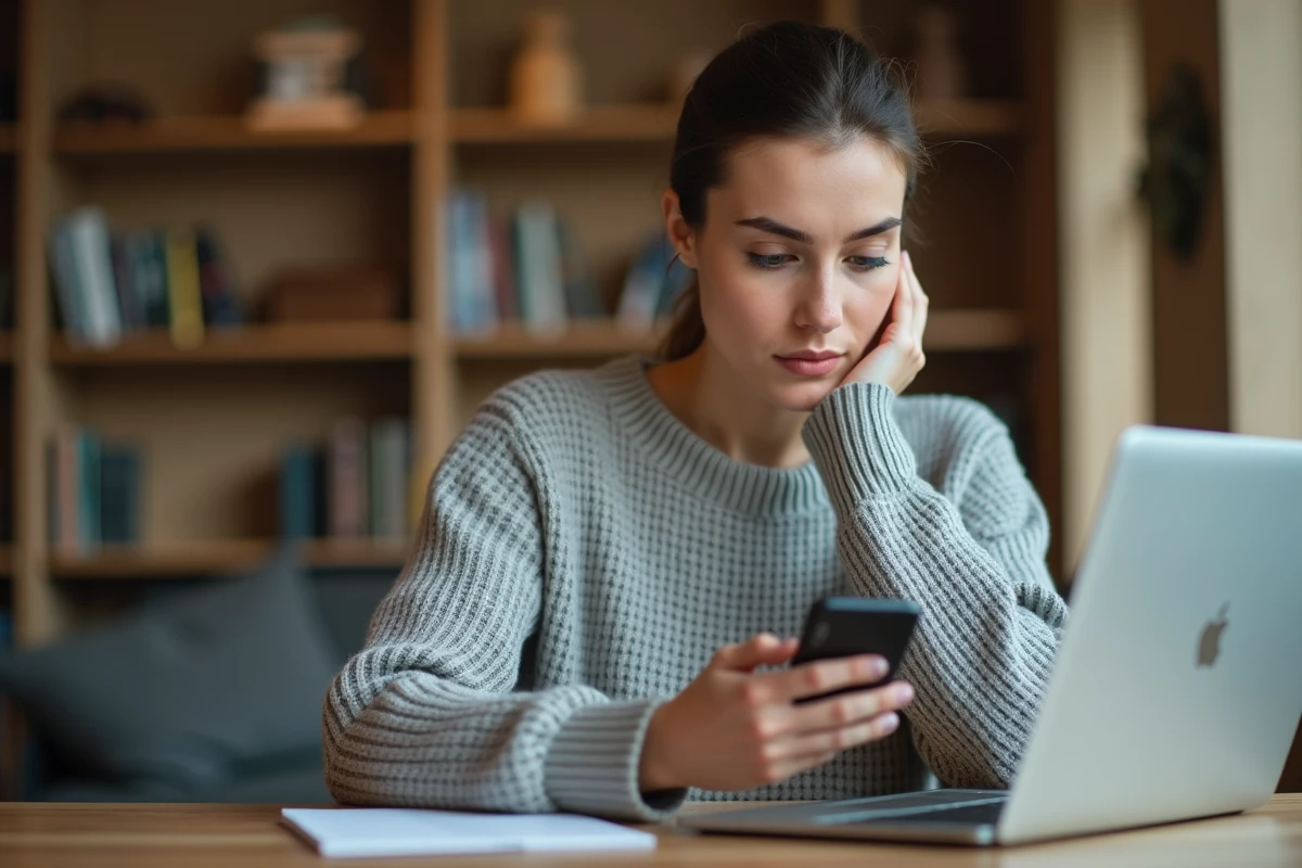 Jeune femme utilisant son smartphone pour consulter des stories Instagram de manière anonyme depuis son bureau à domicile