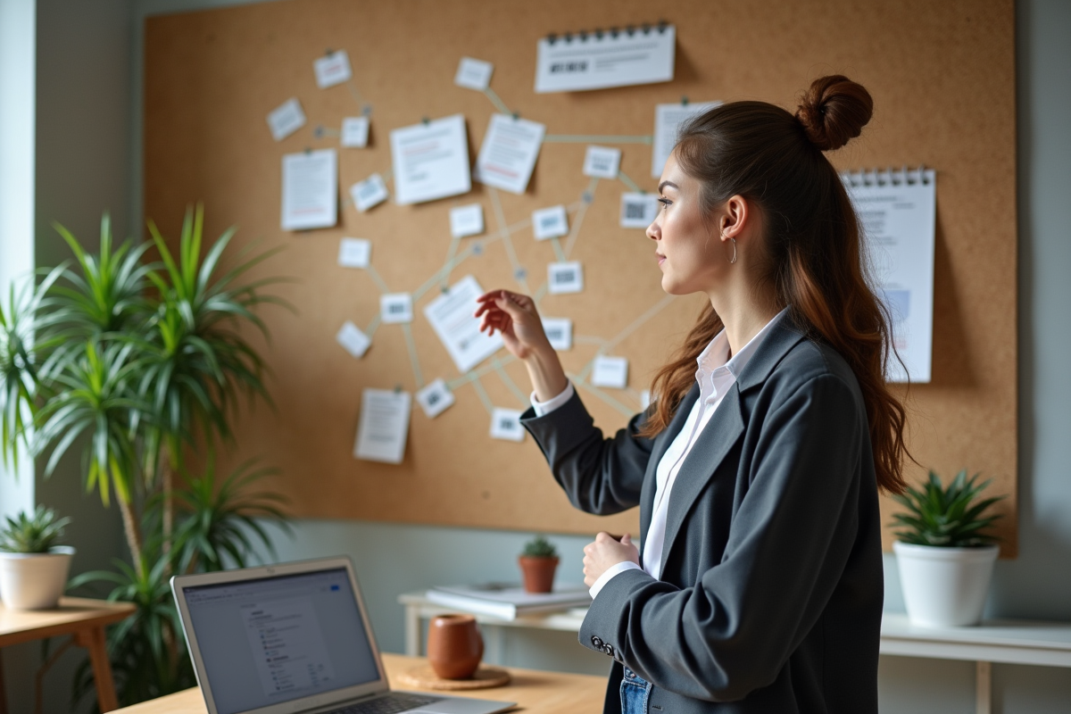 Jeune femme pinçant des cartes SEO sur un tableau en liège