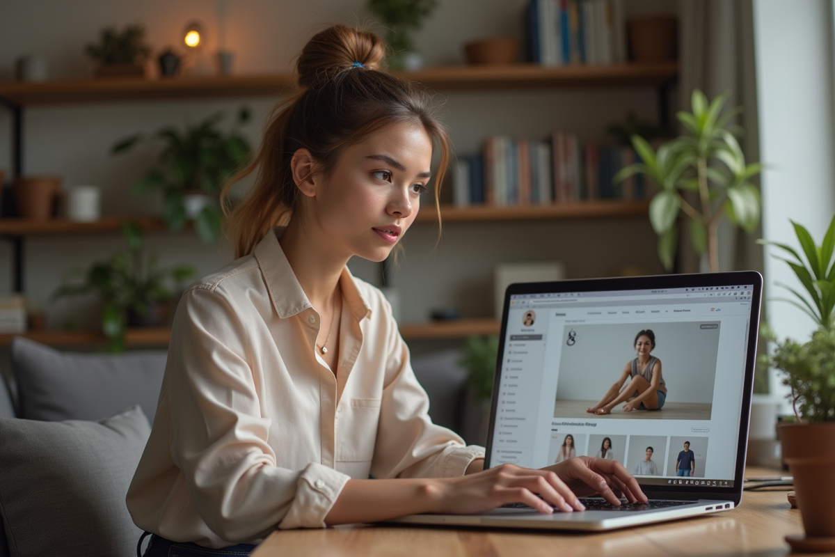 Jeune femme créant une boutique en ligne sur un ordinateur portable