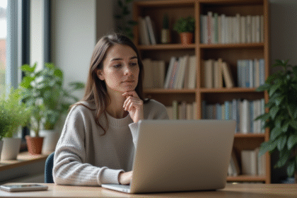 Femme concentrée supprimant des fichiers sur son ordinateur dans un appartement moderne