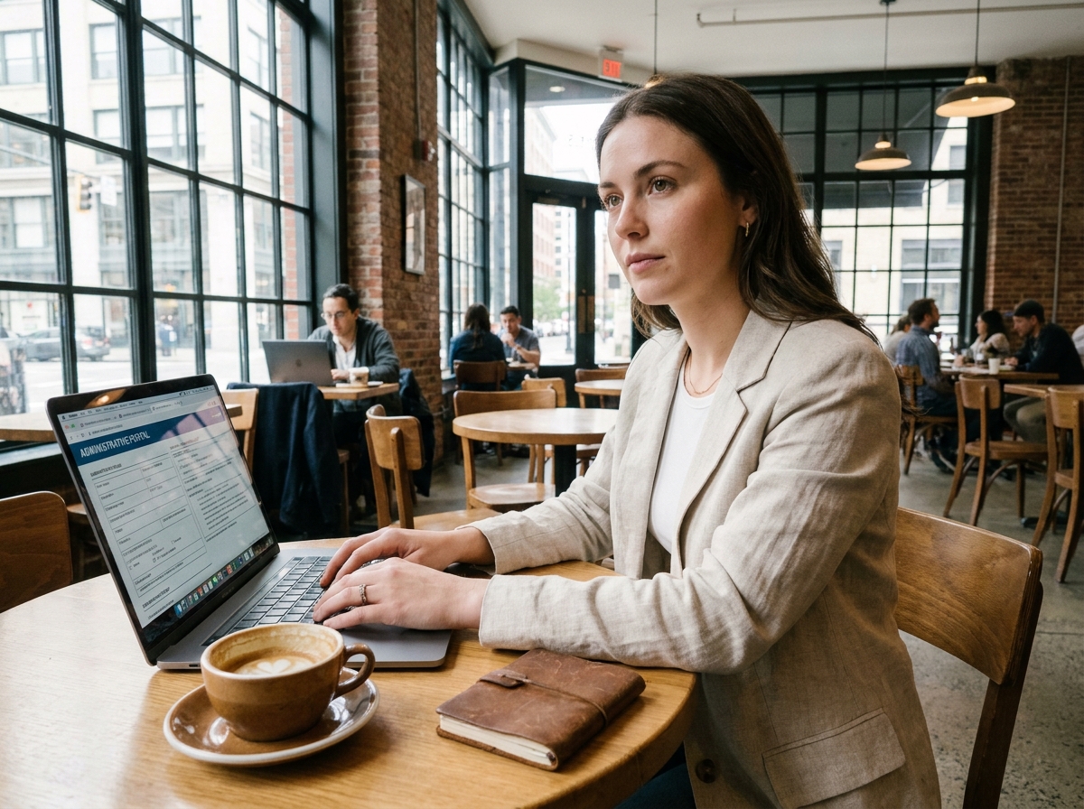 Femme consultant ses documents administratifs en ligne depuis un café avant de partir travailler à l'étranger