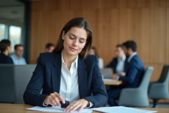 Femme d affaires enregistrement vocal dans un bureau moderne