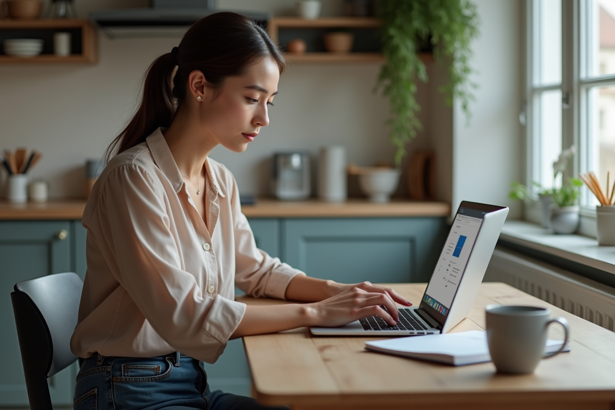 Jeune femme concentrée utilisant un ordinateur portable pour convertir un fichier