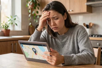 Femme inquiète utilisant une tablette pour localiser un iPhone éteint via iCloud Find My