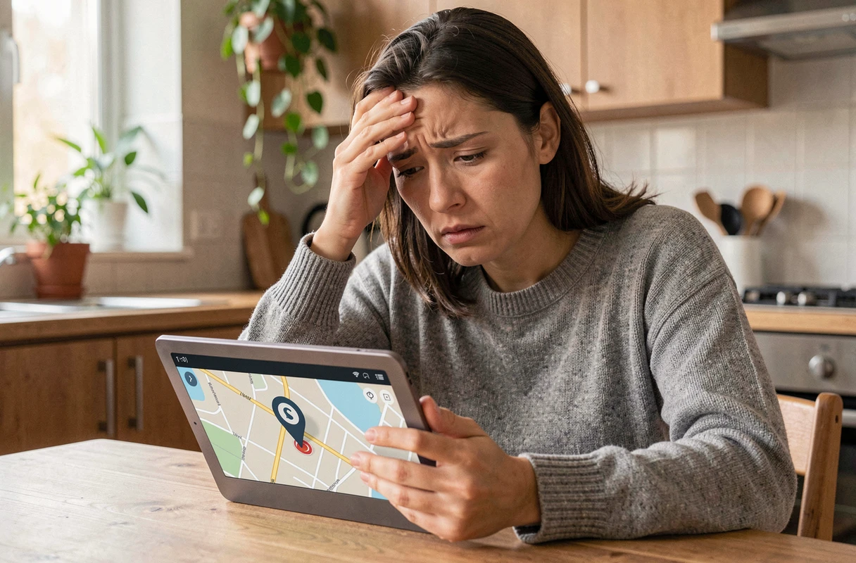 Femme inquiète utilisant une tablette pour localiser un iPhone éteint via iCloud Find My