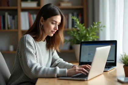 Femme utilisant un navigateur web gratuit sur un ordinateur portable dans un bureau à domicile