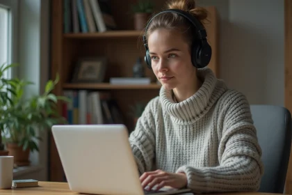 Jeune femme concentrée utilisant un convertisseur audio à la maison