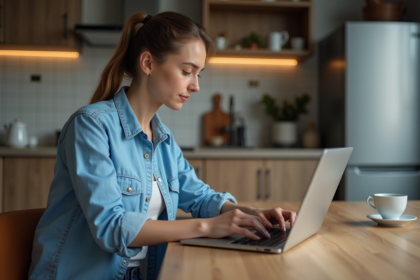 Jeune femme concentrée effectuant un paiement en ligne à la maison