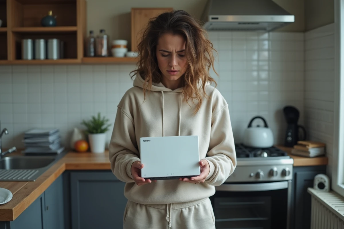 Jeune femme frustrée tenant une Freebox déconnectée dans la cuisine