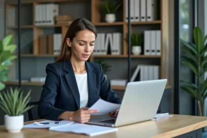 Femme professionnelle en bureau moderne avec documents numériques