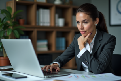Femme professionnelle concentrée sur son ordinateur portable