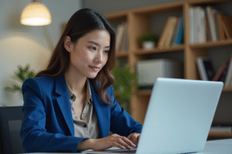 Jeune femme professionnelle analysant un site web moderne