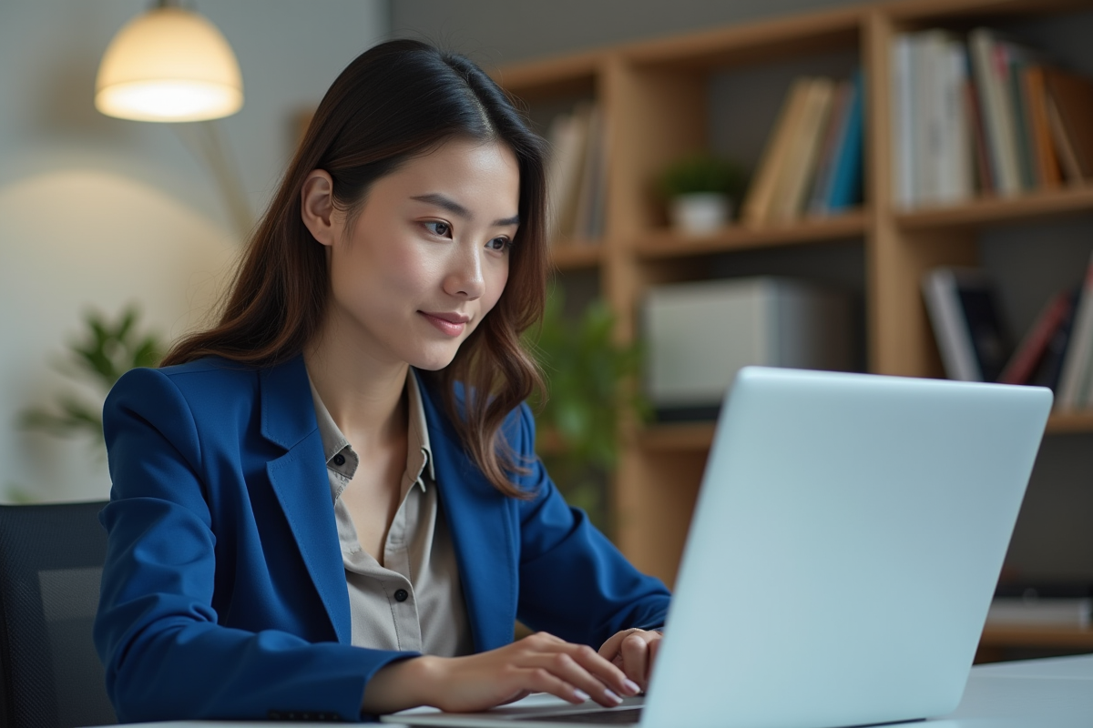 Jeune femme professionnelle analysant un site web moderne