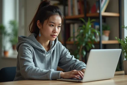 Jeune femme utilisant un navigateur sur son ordinateur portable pour accéder à Google USA sans VPN payant depuis son bureau à domicile