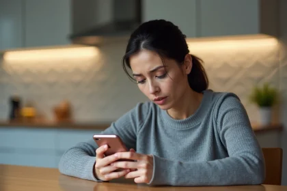 Femme consultant son smartphone à la recherche de messages supprimés dans une cuisine moderne