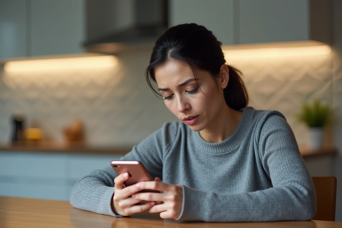 Femme consultant son smartphone à la recherche de messages supprimés dans une cuisine moderne