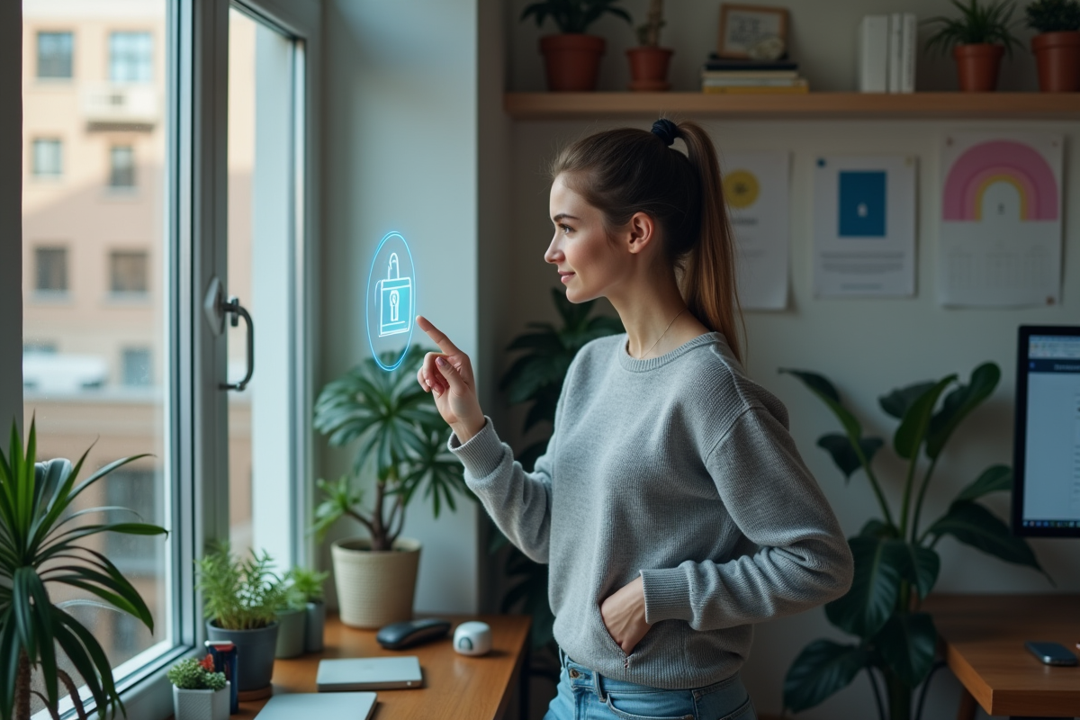 Femme vérifiant une icône de sécurité sur un moniteur