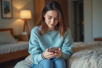 Jeune femme regardant son smartphone dans sa chambre