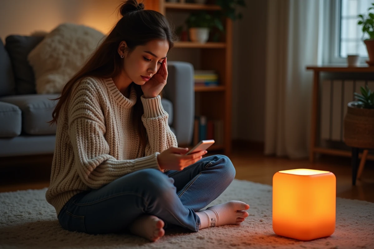 Jeune femme regardant son smartphone près d'une box internet