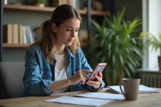 Jeune femme utilisant un smartphone dans un bureau à domicile