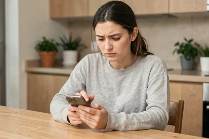 Jeune femme frustrée consultant son téléphone pour supprimer un contact sur Messenger