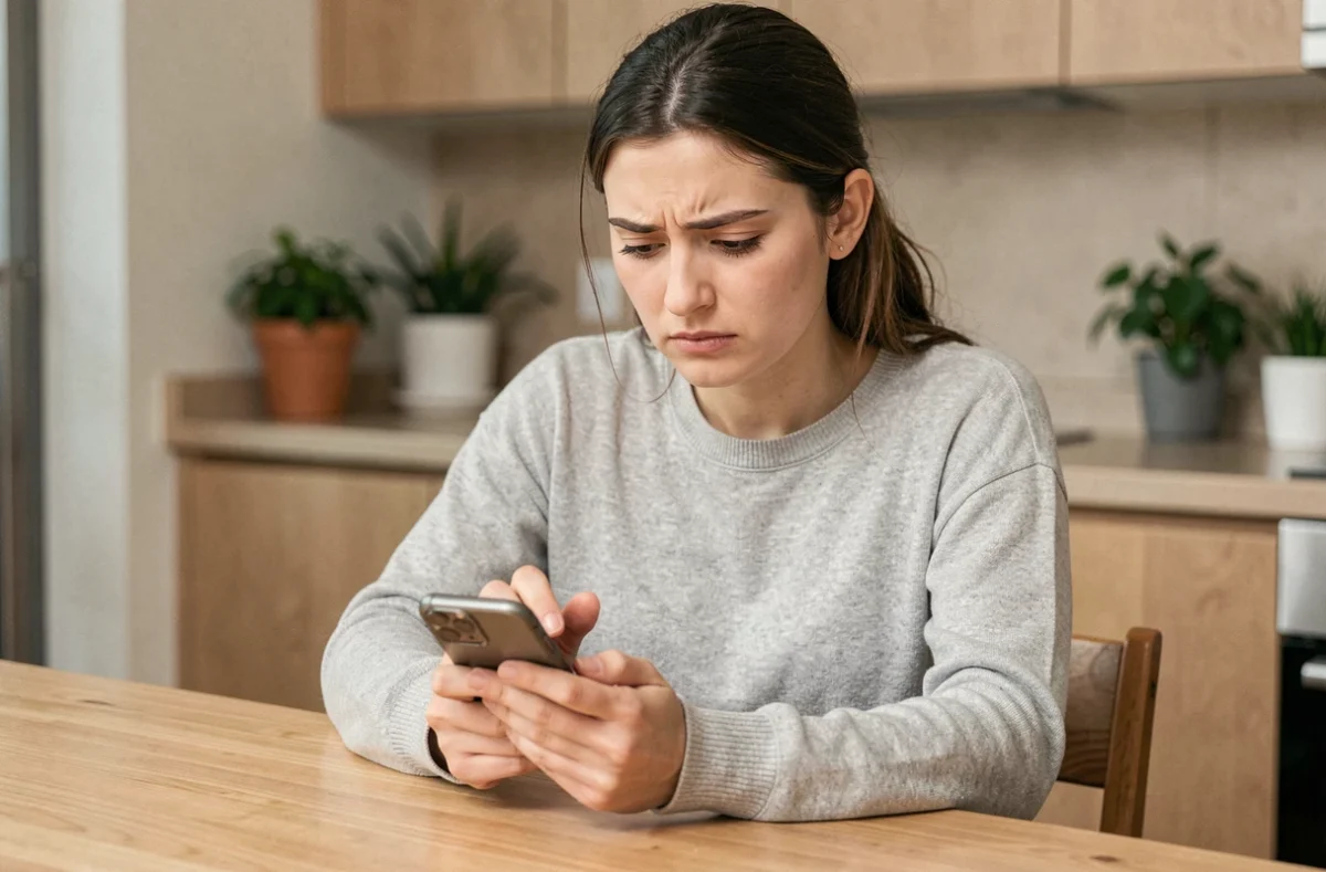Jeune femme frustrée consultant son téléphone pour supprimer un contact sur Messenger