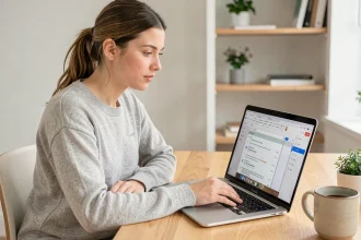 Jeune femme créant une table des matières sur Google Docs depuis un bureau à domicile