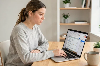 Jeune femme créant une table des matières sur Google Docs depuis un bureau à domicile