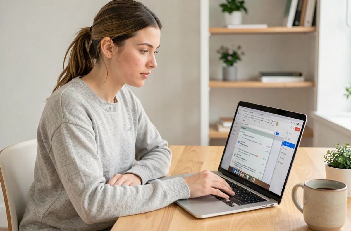 Jeune femme créant une table des matières sur Google Docs depuis un bureau à domicile
