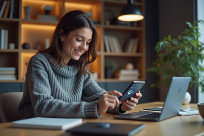 Femme en sweater gris utilisant une tablette pour test de vitesse