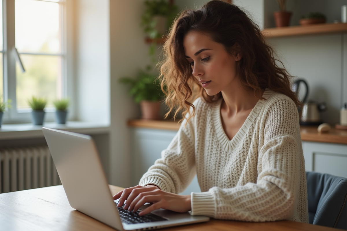 Femme assise à la cuisine avec ordinateur portable