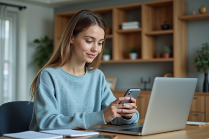 Femme concentrée utilisant son smartphone et ordinateur