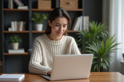Jeune femme concentrée travaillant sur un ordinateur portable dans un bureau moderne