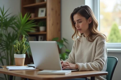 Femme assise à son bureau à la maison en train de taper sur un ordinateur portable