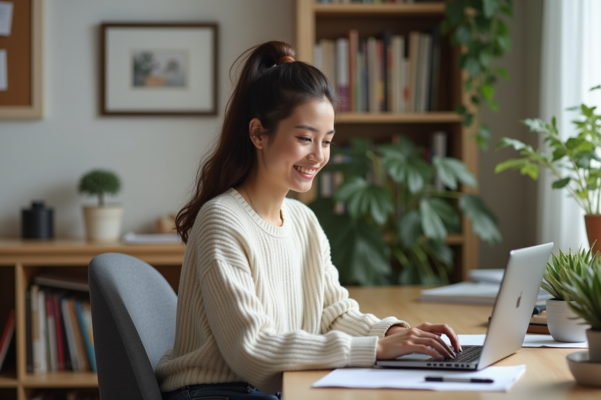 Femme concentrée travaillant dans son bureau à domicile