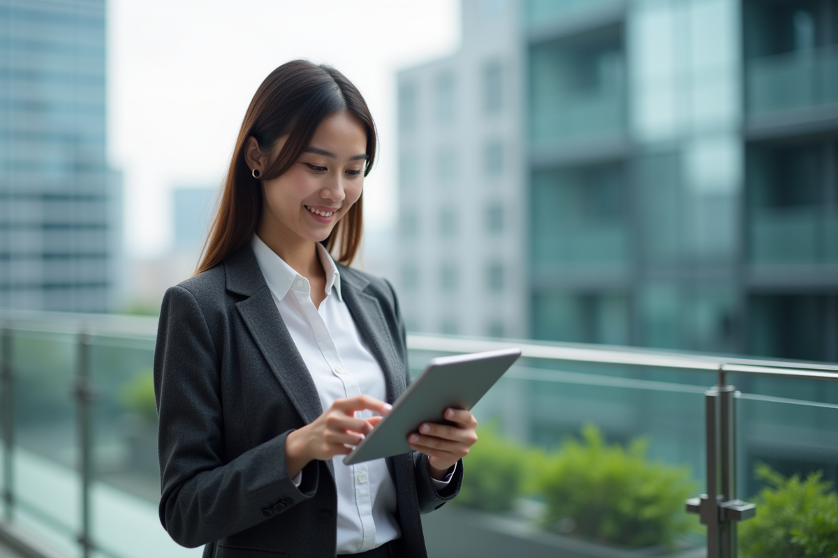 Jeune femme vérifiant des graphiques SEO sur une tablette en ville