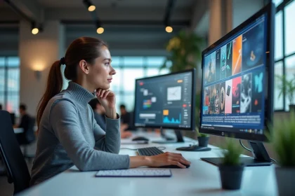 Jeune femme consultant un webzine high-tech sur un grand écran dans un espace de coworking moderne