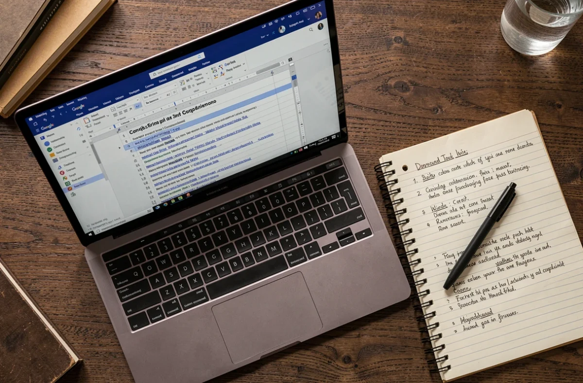 Vue aérienne d'un écran Google Docs affichant une table des matières avec un carnet de notes manuscrites