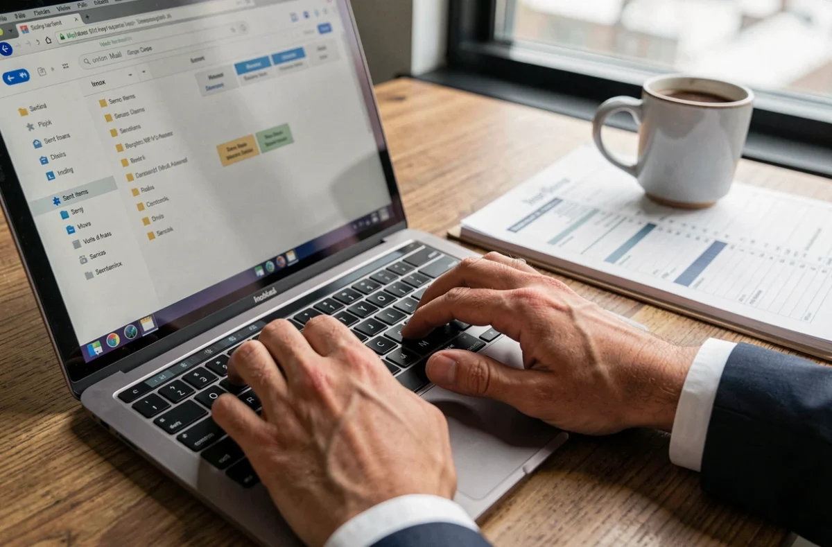 Gros plan sur les mains d'un employé organisant ses dossiers de messagerie webmail ia72 sur un ordinateur portable