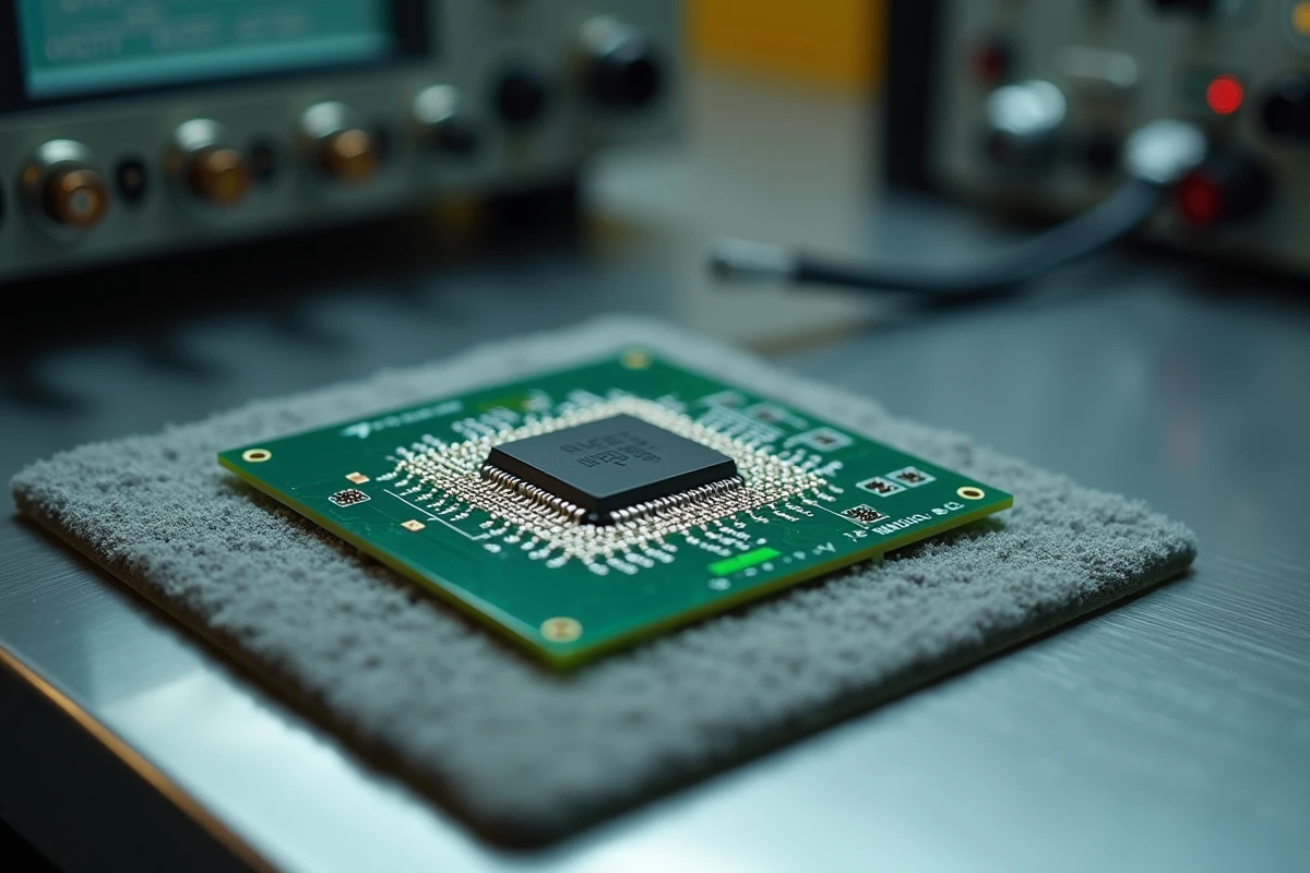 Gros plan sur une puce semiconducteur avec réseau de billes de soudure under bump metal sur circuit imprimé vert, composant clé du packaging RF haute fréquence