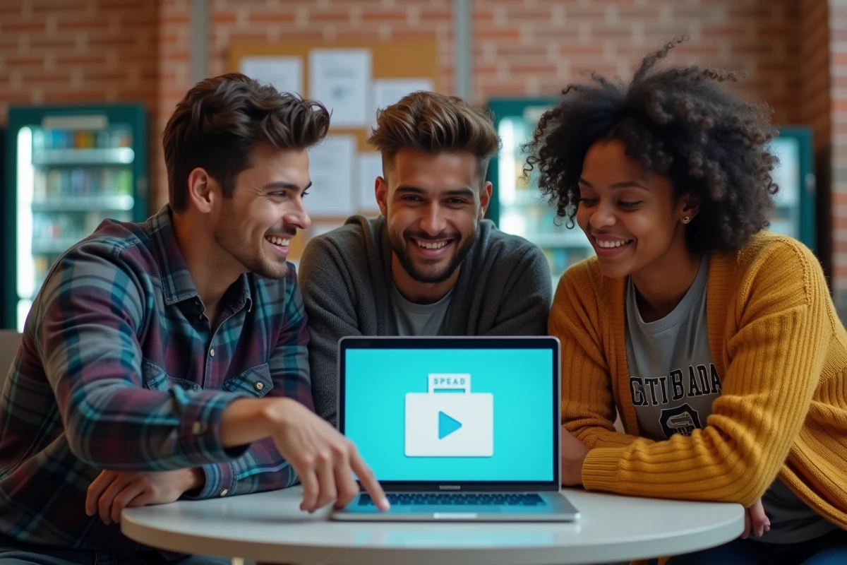 Groupe d'étudiants en informatique discutant autour d'un outil d'aide à la programmation sur un campus universitaire