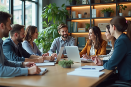 Groupe de professionnels en réunion de travail dynamique