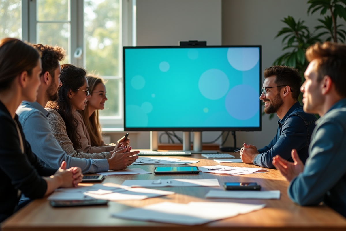 Jeunes professionnels collaborant sur Canva autour d