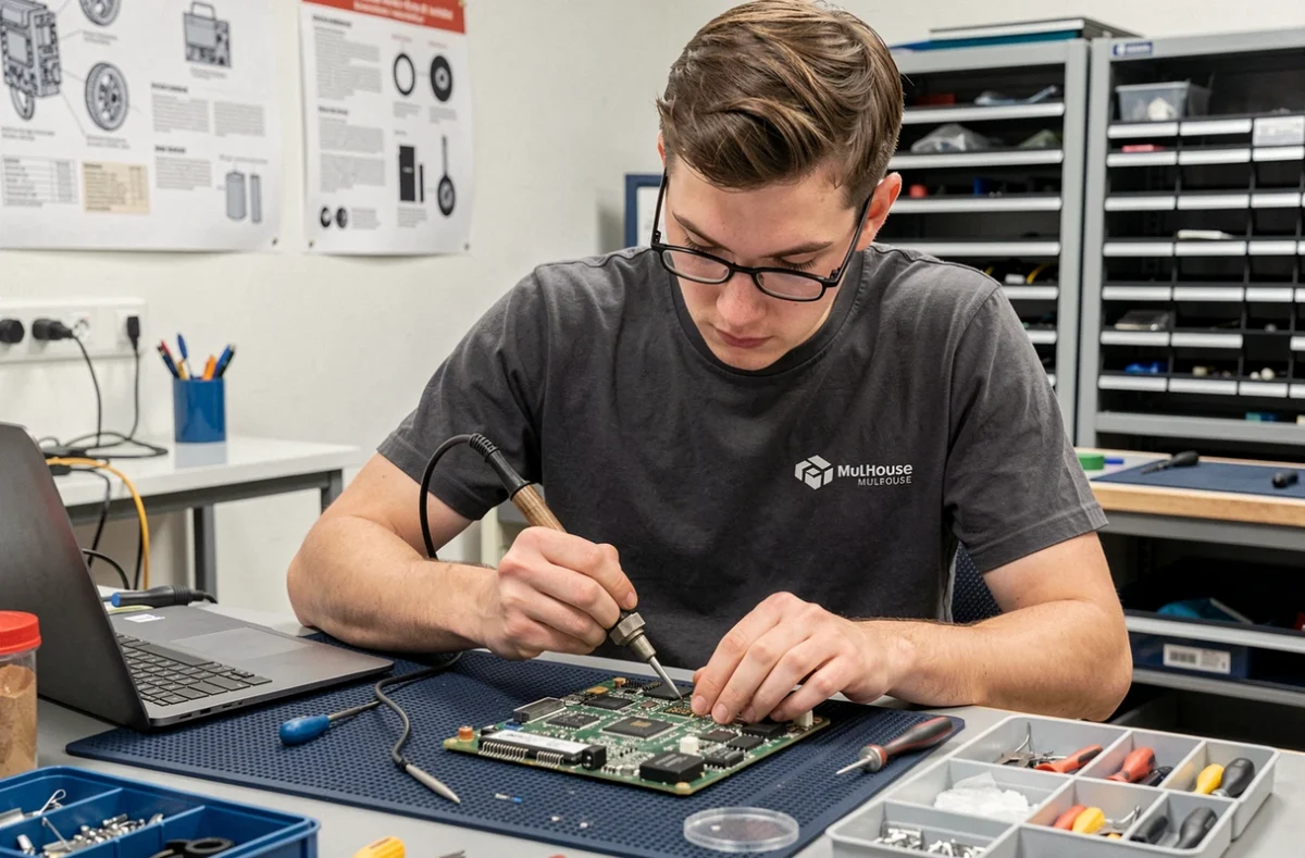 Technicien soudant un composant sur une carte mère d'ordinateur portable dans l'atelier Hextech à Mulhouse