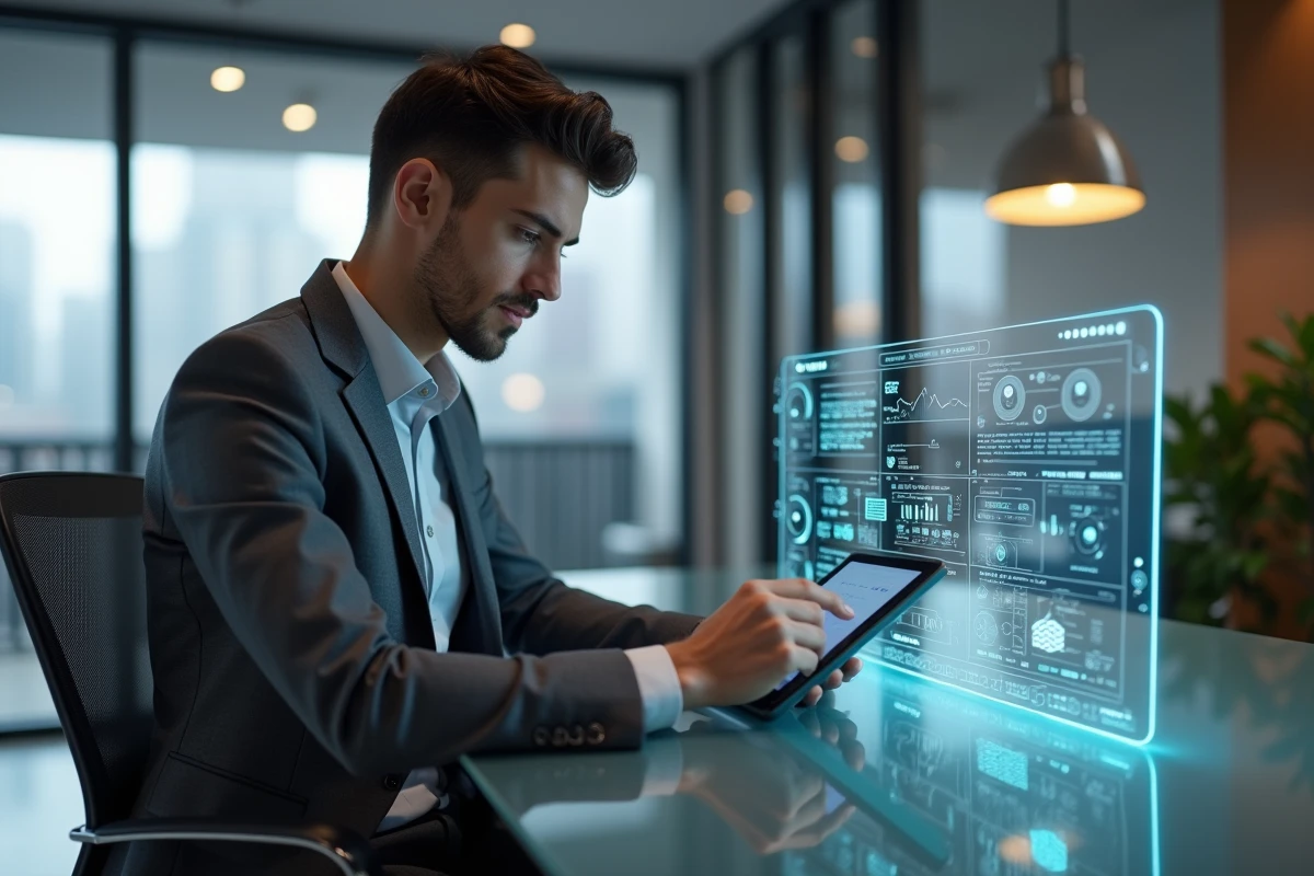 Jeune homme en costume gris utilisant une tablette avec diagrammes blockchain