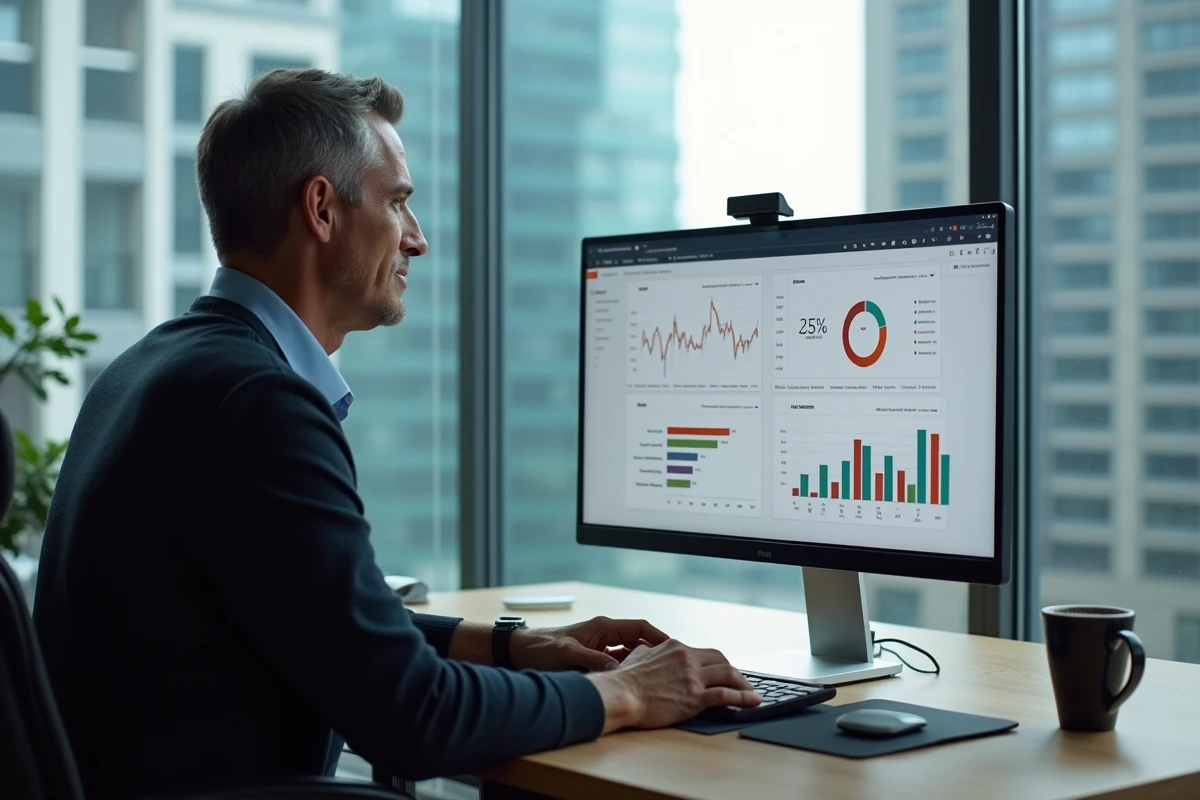 Homme analysant des graphiques SEO sur son ordinateur