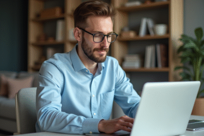 Homme concentré travaillant sur son ordinateur à la maison