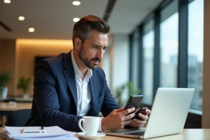 Homme d'âge moyen au bureau vérifiant son ordinateur portable