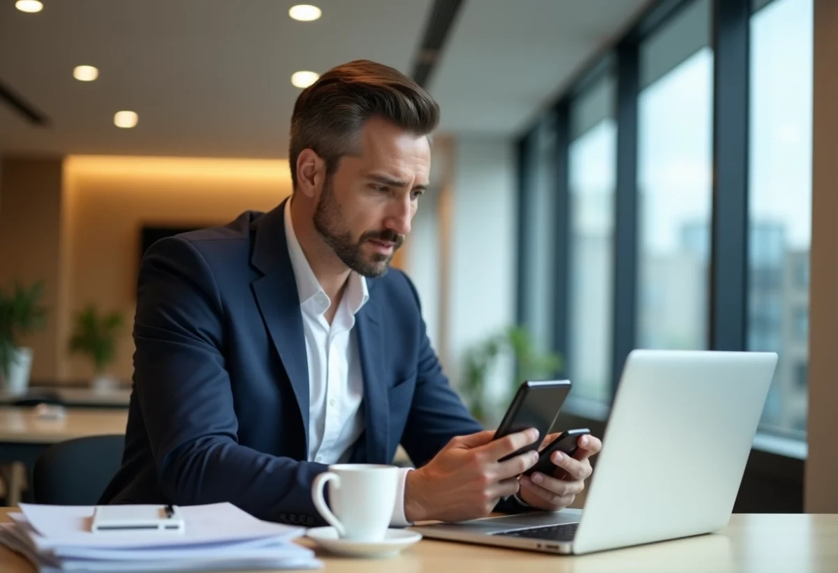 Homme d'âge moyen au bureau vérifiant son ordinateur portable